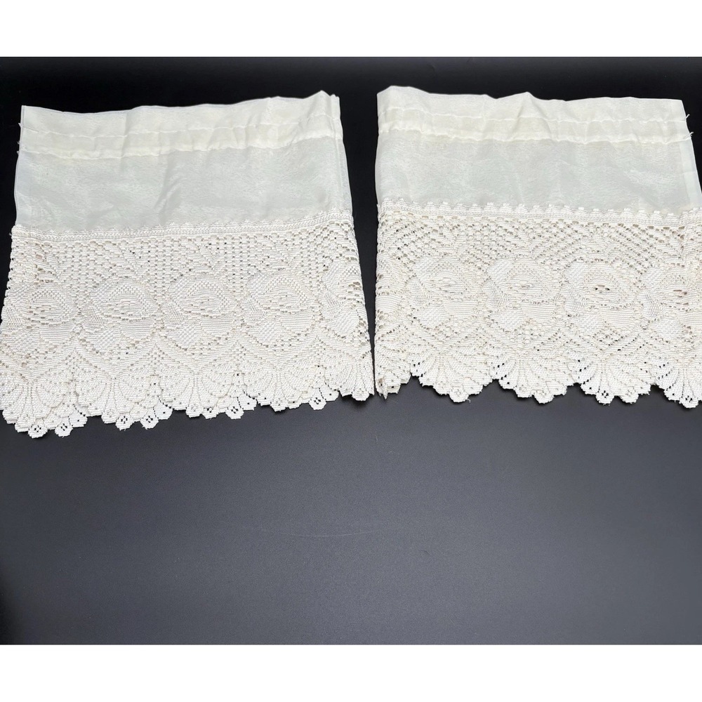 Vtg Ivory Lace Crochet Pair Of 2 Curtain Valance Topper 55"x 15" Sheer Top